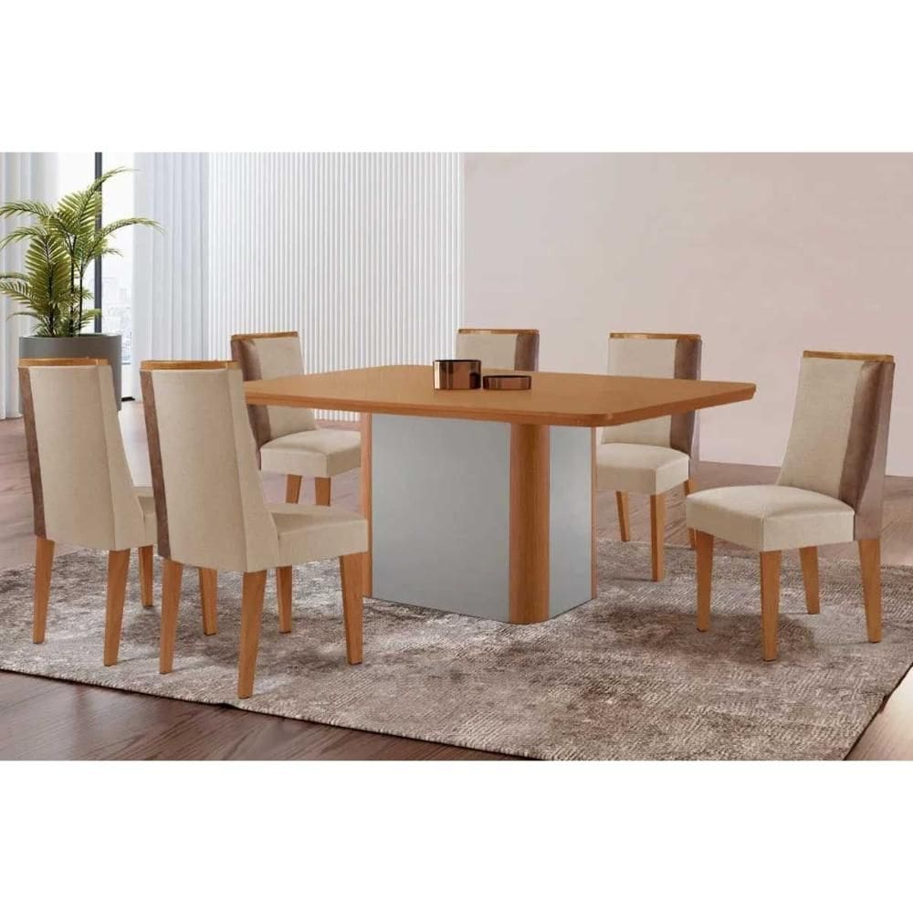 Sala de Jantar Completa Pietá c/ Tampo Madeirado Canto Curvo 180x90cm e 6 Cadeiras Tilia Naturale/Off White - Suede Creme - Rufato