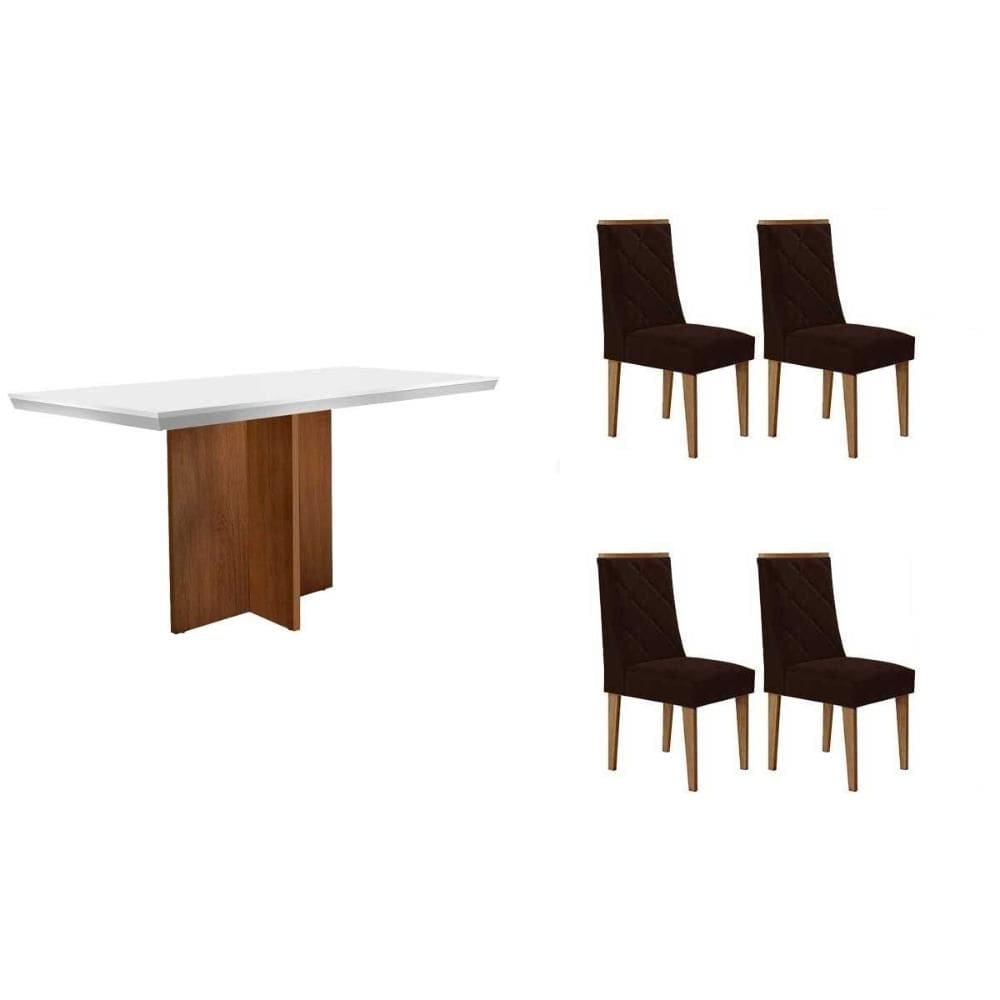 Sala de Jantar Completa Berlim c/ Tampo Madeirado c/ Vidro Canto Curvo 120x80cm e 4 Cadeiras Pietá Naturale/Off White - Suede Marrom - Rufato