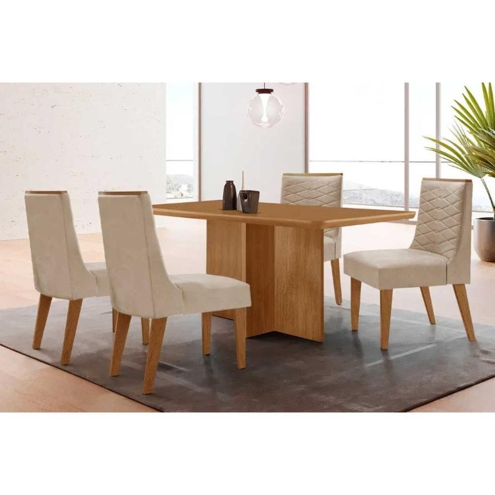 Sala de Jantar Completa Berlim c/ Tampo Madeirado Canto Curvo 120x80cm e 4 Cadeiras Maldivas Naturale - Suede Creme - Rufato