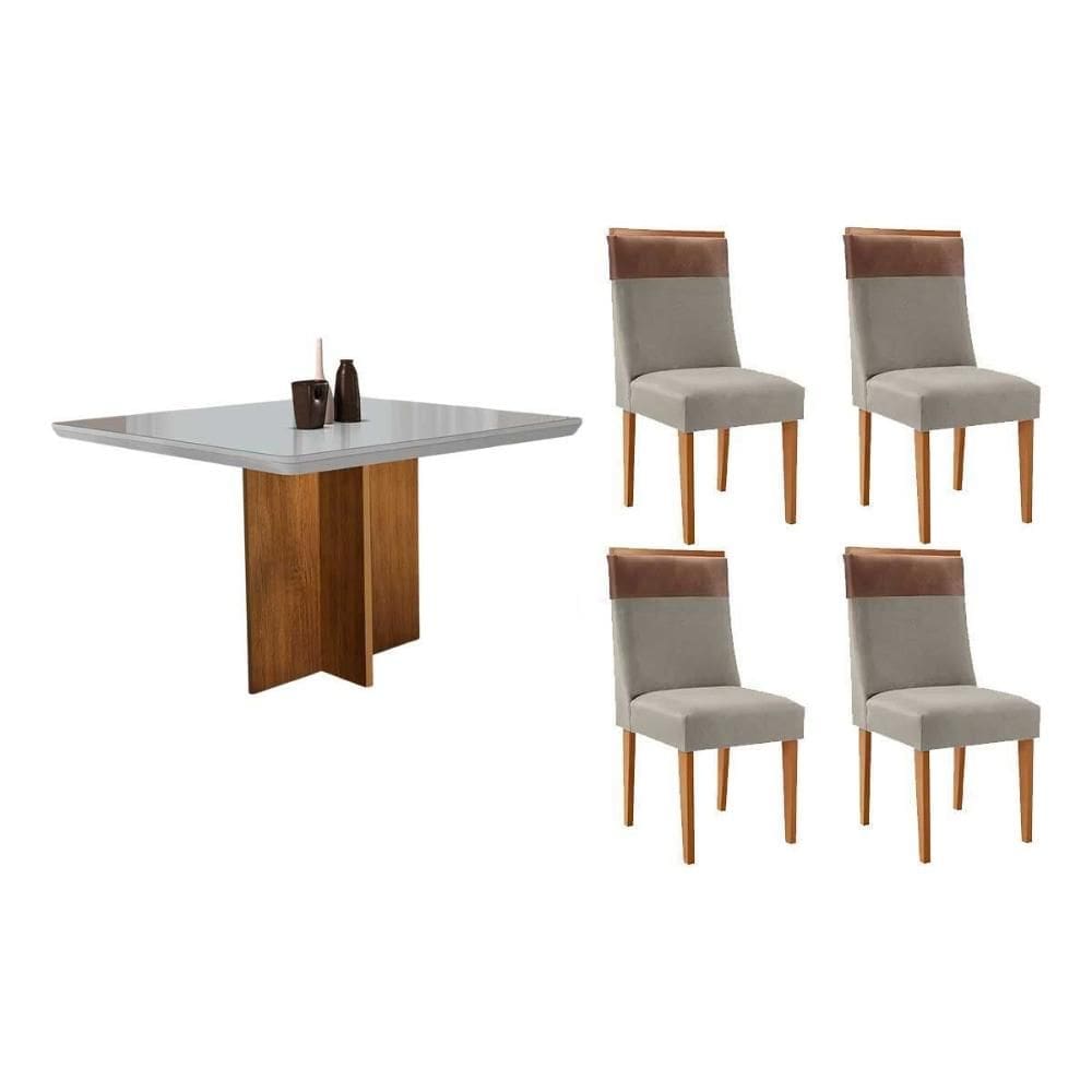 Sala de Jantar Completa Berlim c/ Tampo Madeirado c/ Vidro Canto Curvo 90x90cm e 4 Cadeiras Jaspe Naturale/Off White - Suede Capuccino - Rufato