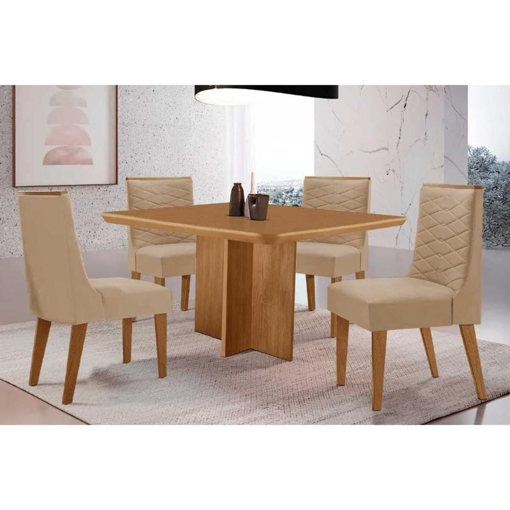 Sala de Jantar Completa Berlim c/ Tampo Madeirado Canto Curvo 90x90cm e 4 Cadeiras Maldivas Naturale - Linho Bege - Rufato