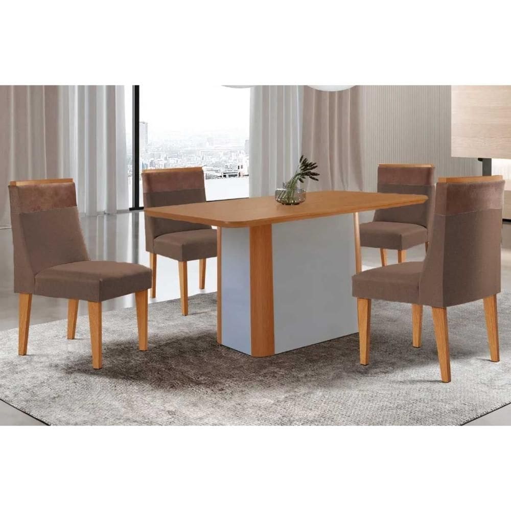 Sala de Jantar Completa Pietá c/ Tampo Madeirado Canto Curvo 120x80cm e 4 Cadeiras Jaspe Naturale/Off White - Suede Marrom - Rufato