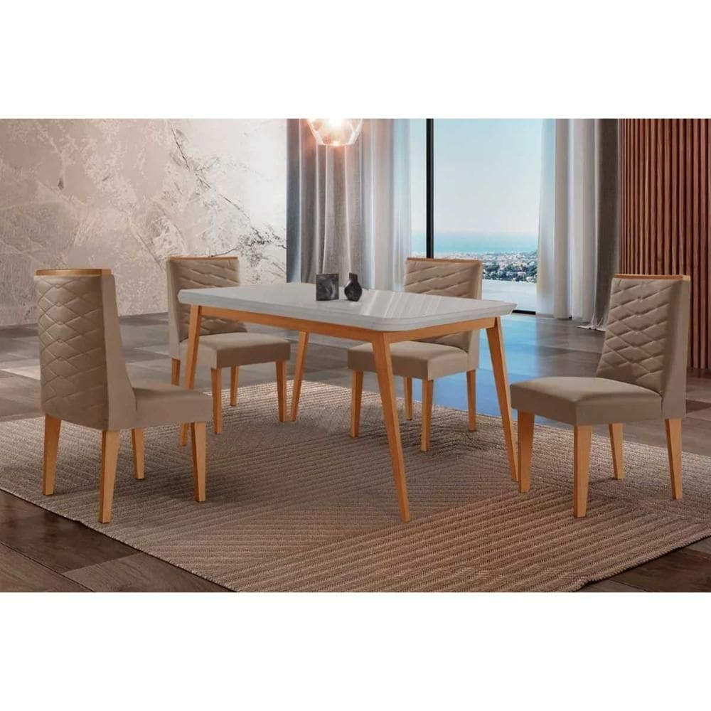Sala de Jantar Completa Havana c/ Tampo Madeirado c/ Vidro Canto Curvo 120x80cm e 4 Cadeiras Dafne Naturale/Off White - Suede Capuccino - Rufato