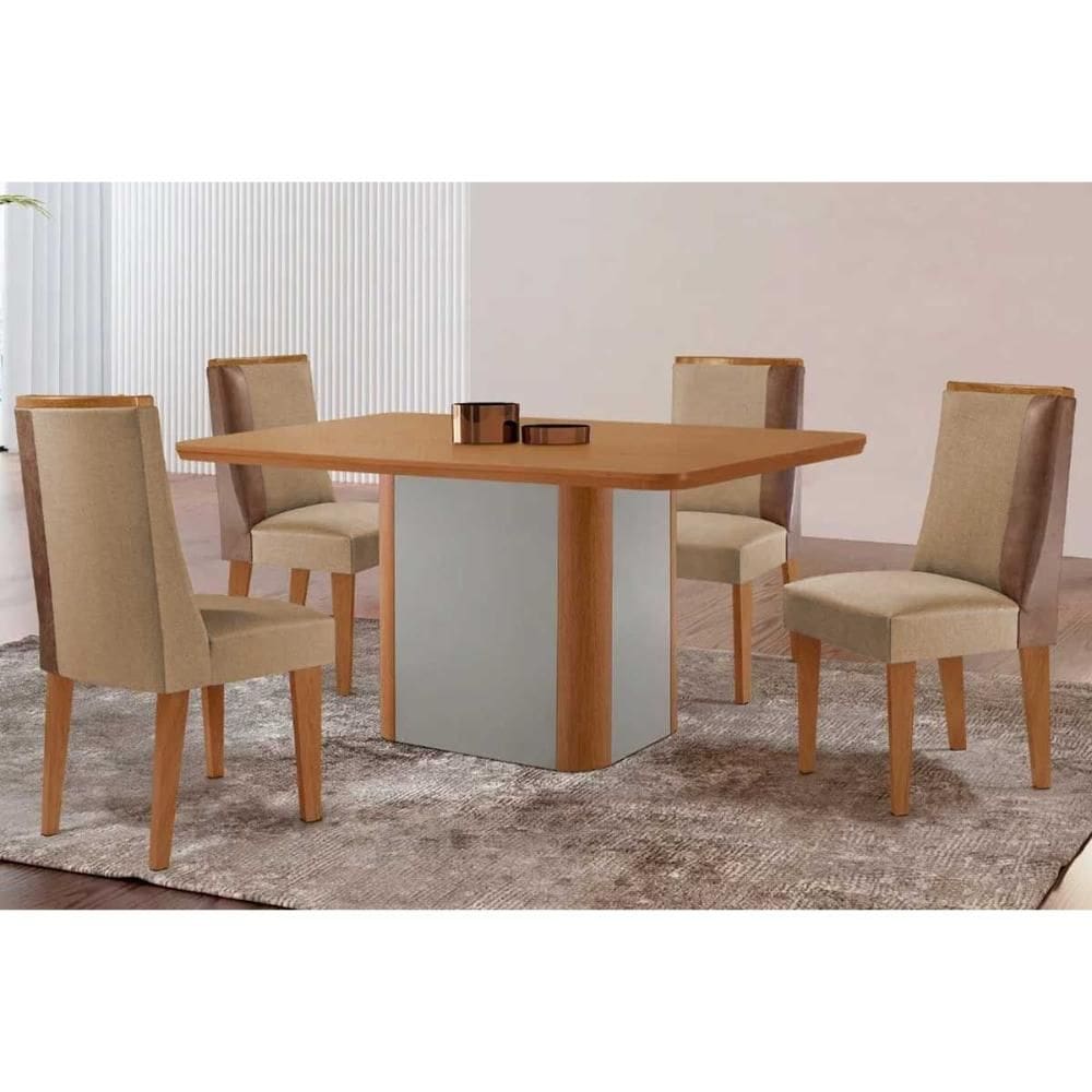 Sala de Jantar Completa Pietá c/ Tampo Madeirado Canto Curvo 120x80cm e 4 Cadeiras Tilia Naturale/Off White - Linho Bege - Rufato