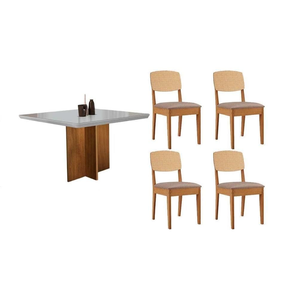 Conjunto Sala de Jantar Berlim c/ Tampo Madeirado c/ Vidro Canto Curvo 90x90cm e 4 Cadeiras Havana Premium Naturale/Off White - Linho Capuccino-Rufato