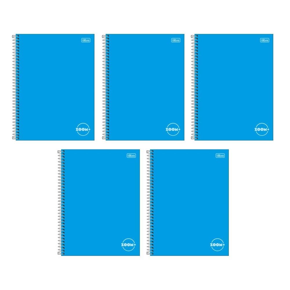 Kit com 5 Cadernos Universitário Espiral Tilibra com 96 Folhas Pautadas Zoom Azul Escolar Aula