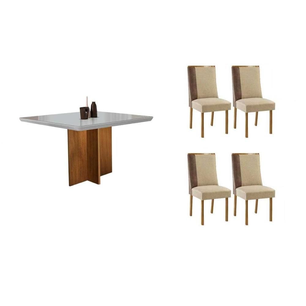 Sala de Jantar Completa Berlim c/ Tampo Madeirado c/ Vidro Canto Curvo 90x90cm e 4 Cadeiras Tilia Naturale/Off White - Linho Bege - Rufato