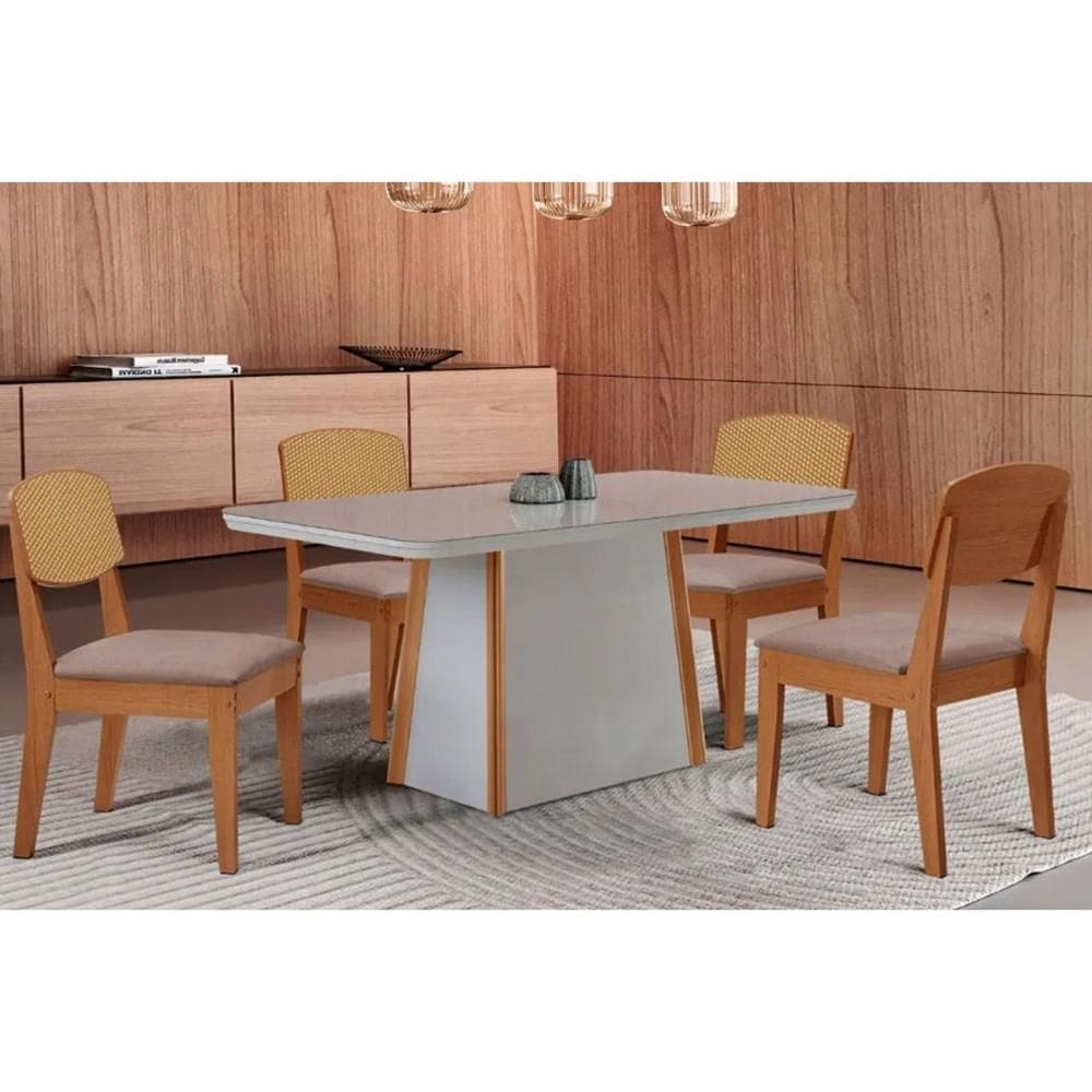 Conjunto Sala de Jantar Tilia c/ Tampo Madeirado c/ Vidro Canto Curvo 120x80cm e 4 Cadeiras Havana Premium Naturale/Off White - Linho Capuccino-Rufato