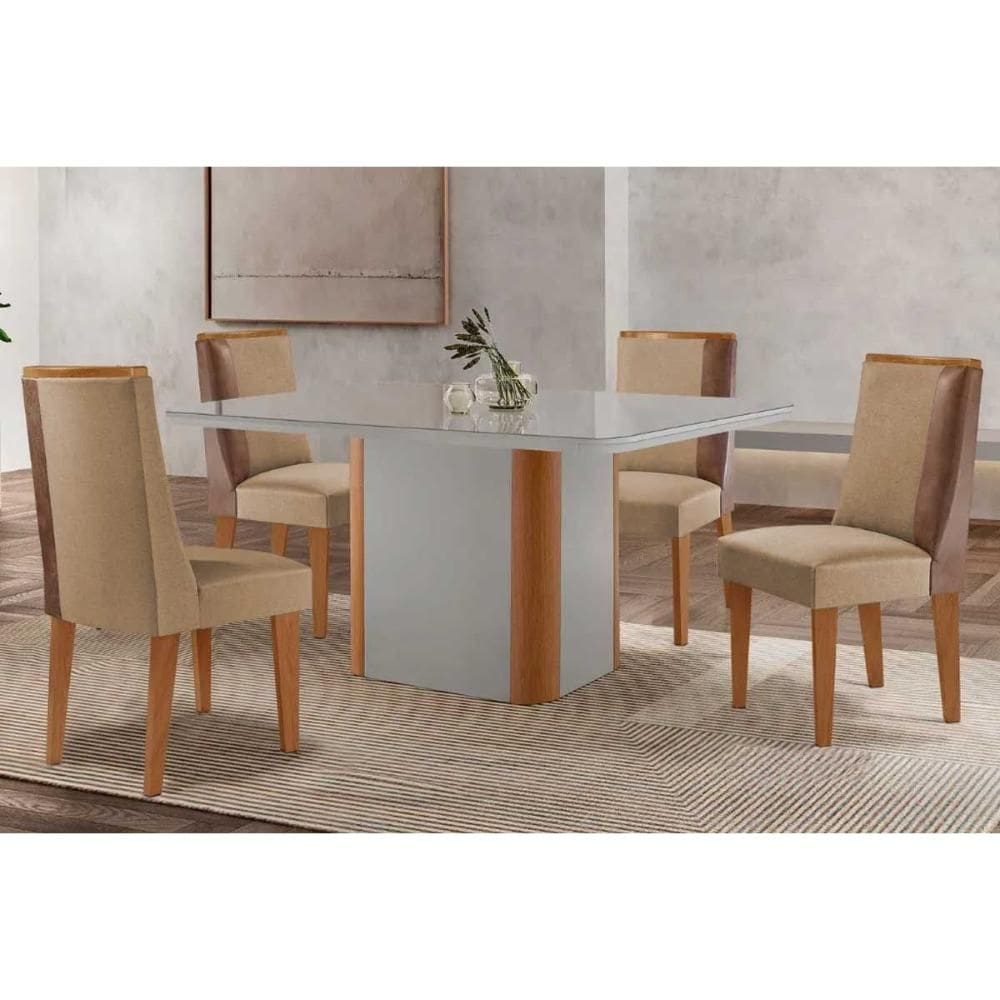 Sala de Jantar Completa Pietá c/ Tampo Madeirado c/ Vidro Canto Curvo 120x80cm e 4 Cadeiras Tilia Naturale/Off White - Linho Bege - Rufato