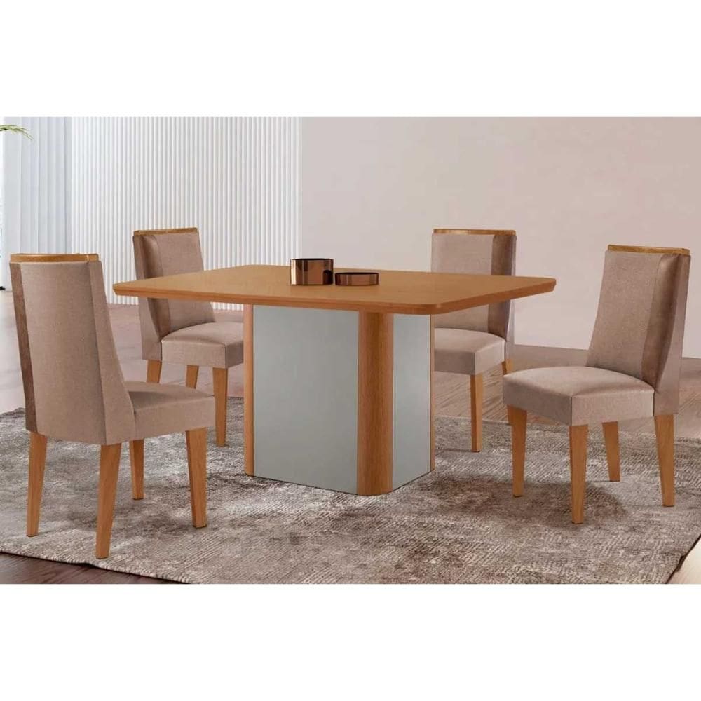 Sala de Jantar Completa Pietá c/ Tampo Madeirado Canto Curvo 120x80cm e 4 Cadeiras Tilia Naturale/Off White - Suede Capuccino - Rufato