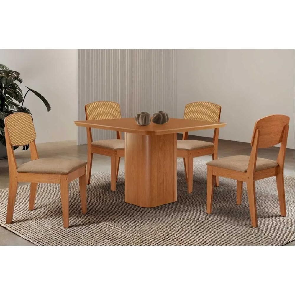 Sala de Jantar Completa Maldivas c/ Tampo Madeirado Canto Curvo 90x90cm e 4 Cadeiras Havana Premium Naturale - Linho Bege - Rufato