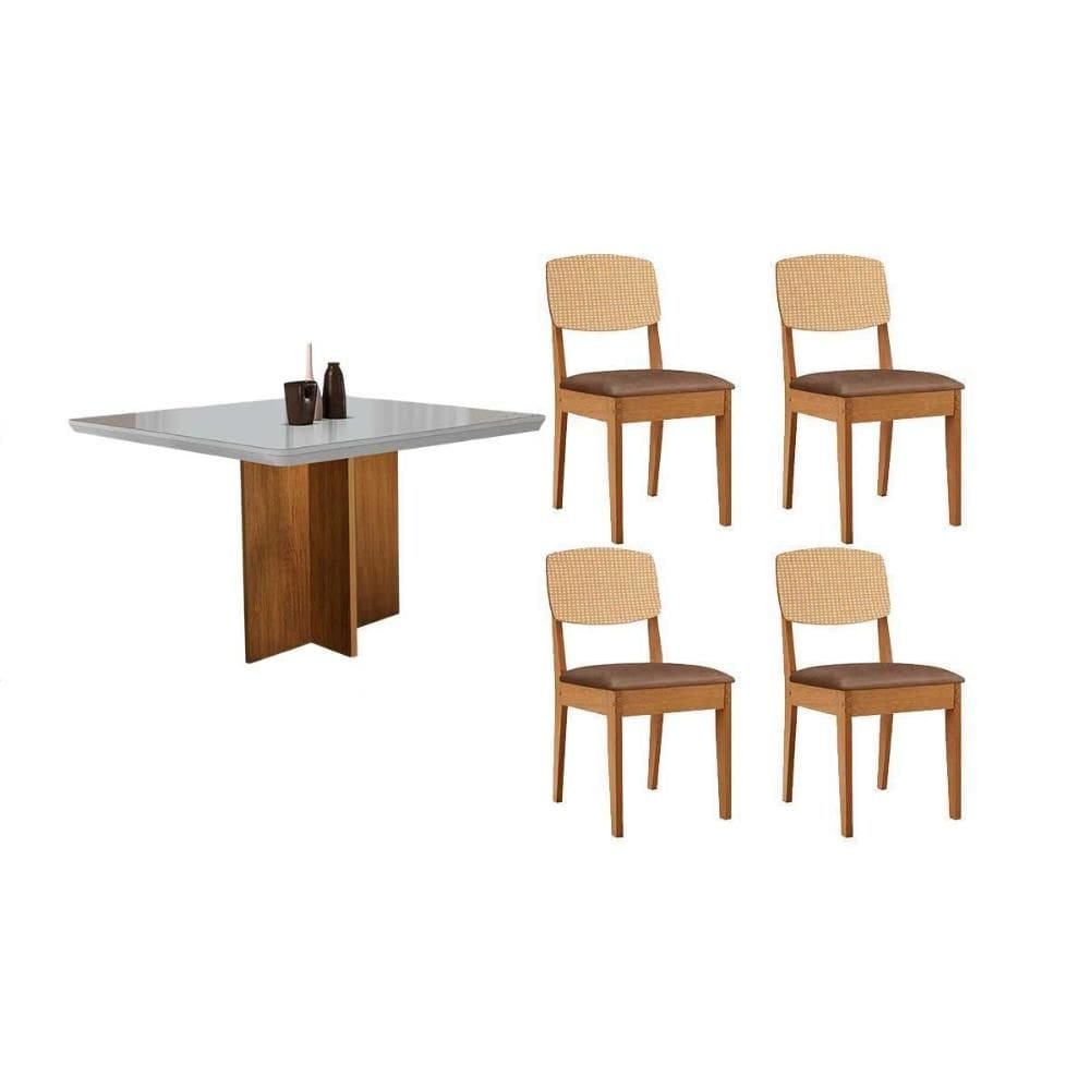 Conjunto Sala de Jantar Berlim c/ Tampo Madeirado c/ Vidro Canto Curvo 90x90cm e 4 Cadeiras Havana Premium Naturale/Off White - Corano Capuccino-Rufat