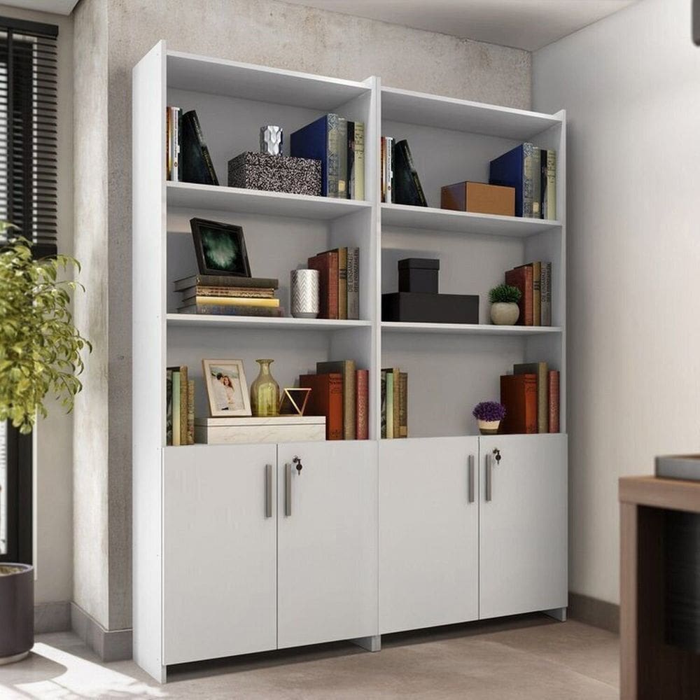 Kit com 2 Armários para Escritório Semi-aberto 2 Portas com Chave Branco
