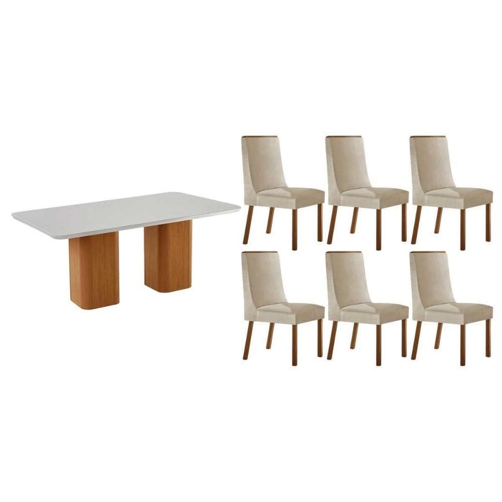 Sala de Jantar Completa Maldivas c/ Tampo Madeirado c/ Vidro Canto Curvo 180X90cm e 6 Cadeiras Dakota Naturale/Off White - Suede Creme - Rufato