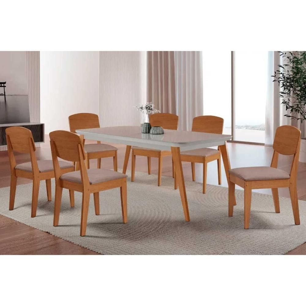 Sala de Jantar Completa Havana c/ Tampo Madeirado c/ Vidro Canto Curvo 180x90cm e 6 Cadeiras Havana Naturale/Off White - Linho Capuccino - Rufato