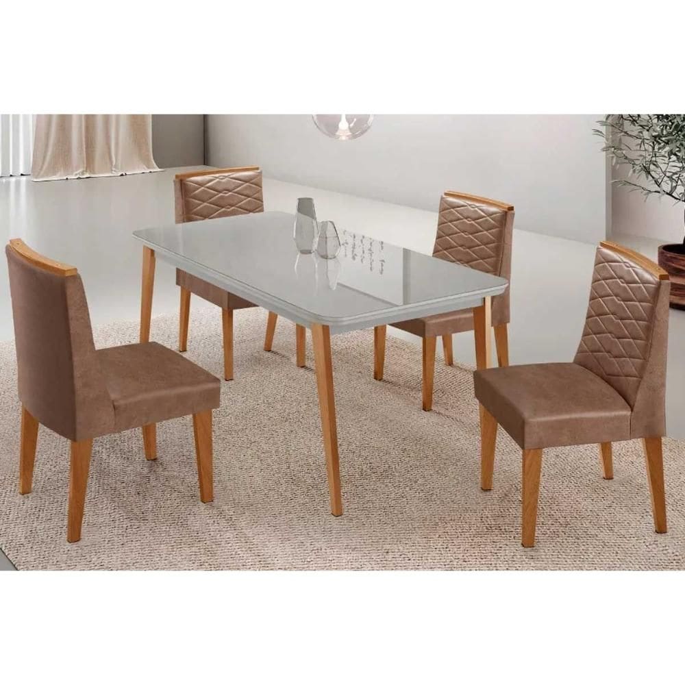 Conjunto Sala de Jantar Havana c/ Tampo Madeirado c/ Vidro Canto Curvo 120x80cm e 4 Cadeiras Maldivas Madeira Maciça Naturale/Off White - Capuccino/Co