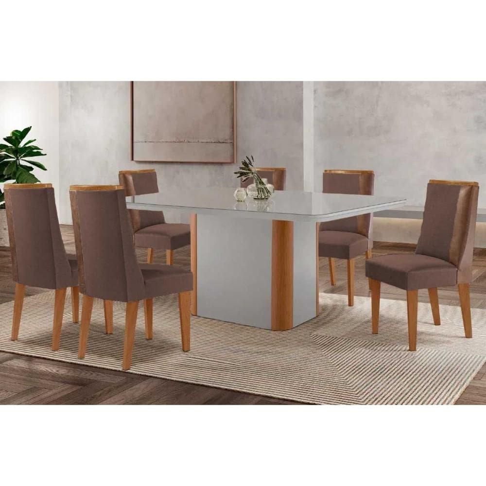 Sala de Jantar Completa Pietá c/ Tampo Madeirado c/ Vidro Canto Curvo 180x90cm e 6 Cadeiras Tilia Naturale/Off White - Suede Marrom - Rufato