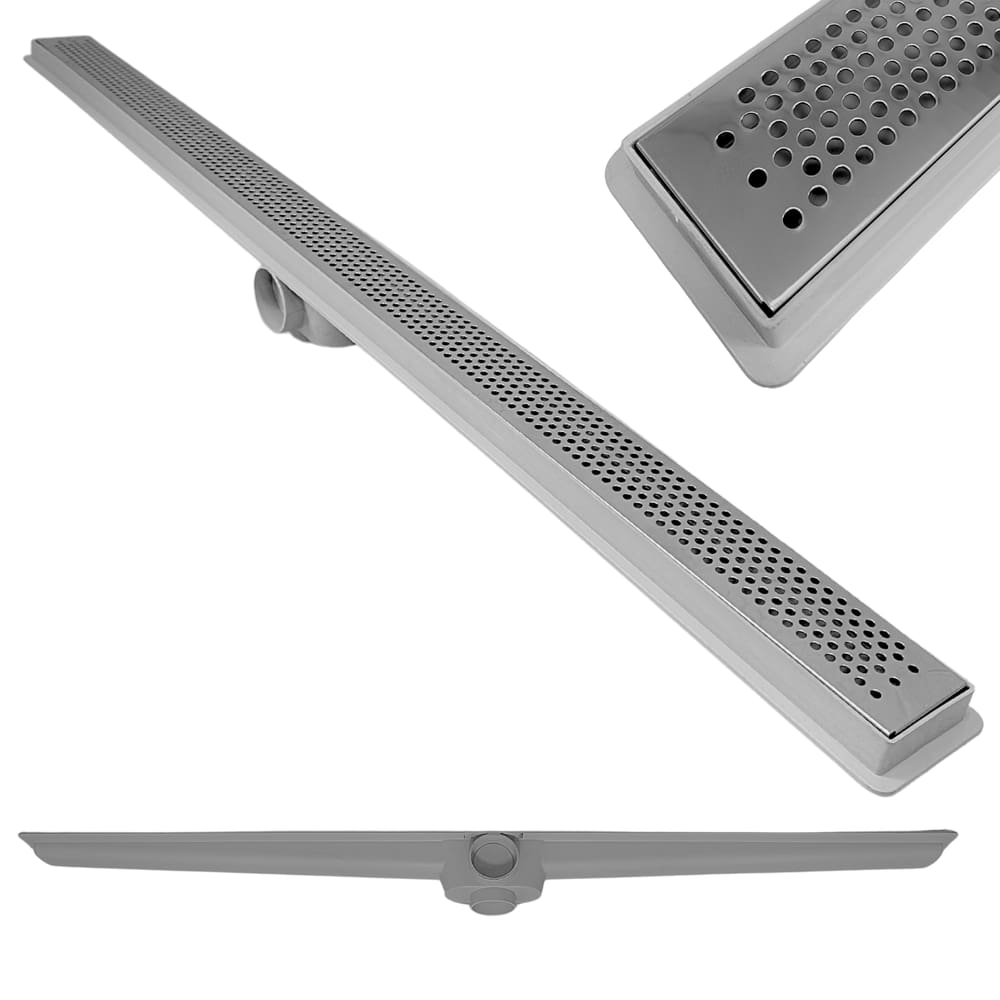 Ralo de Banheiro 5x80 Seca o Piso Inox Perfurado Espelhado e Coletor Cinza Saídas 40mm e Tela (5cm x 81cm)