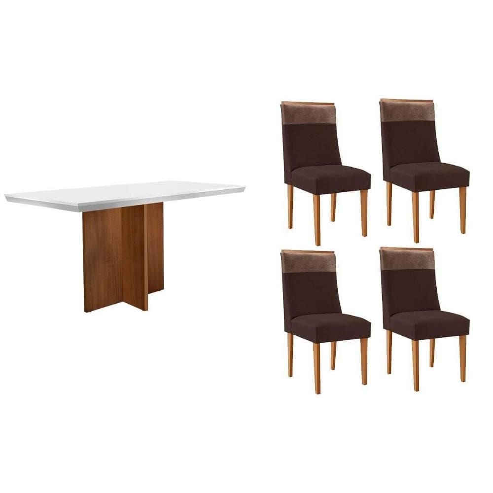 Sala de Jantar Completa Berlim c/ Tampo Madeirado c/ Vidro Canto Curvo 120x80cm e 4 Cadeiras Jaspe Naturale/Off White - Suede Marrom - Rufato