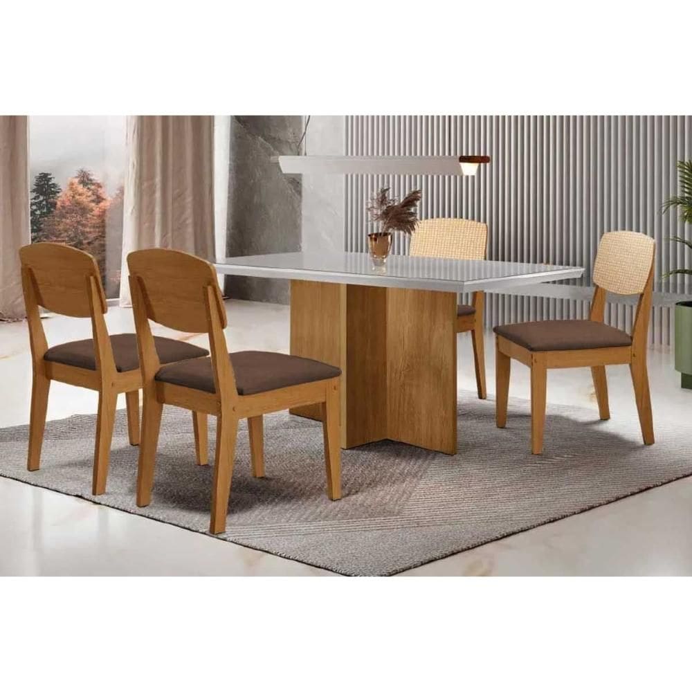 Sala de Jantar Completa Berlim c/ Tampo Madeirado c/ Vidro Canto Curvo 120x80cm e 4 Cadeiras Havana Premium Naturale/Off White - Suede Marrom - Rufato
