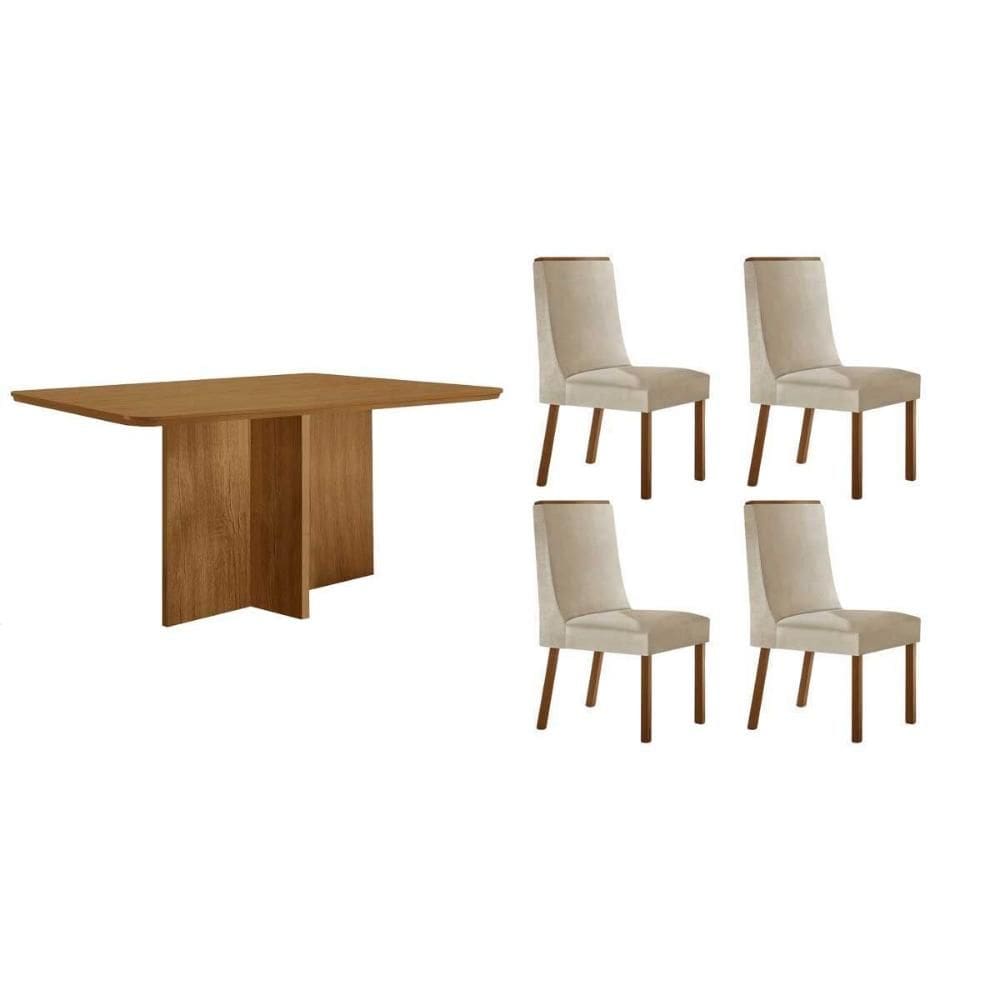 Sala de Jantar Completa Berlim c/ Tampo Madeirado Canto Curvo 120x80cm e 4 Cadeiras Dakota Naturale - Suede Creme - Rufato