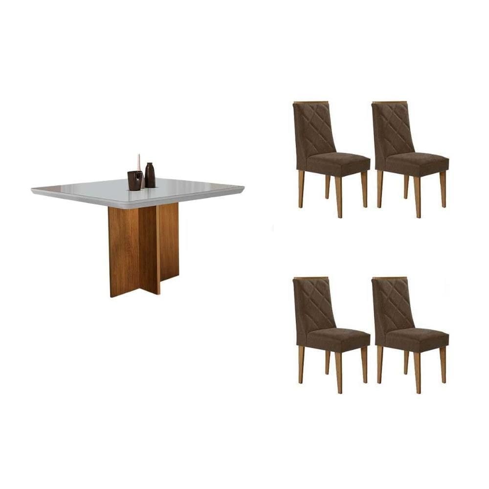 Sala de Jantar Completa Berlim c/ Tampo Madeirado c/ Vidro Canto Curvo 90x90cm e 4 Cadeiras Pietá Naturale/Off White - Linho Capuccino - Rufato