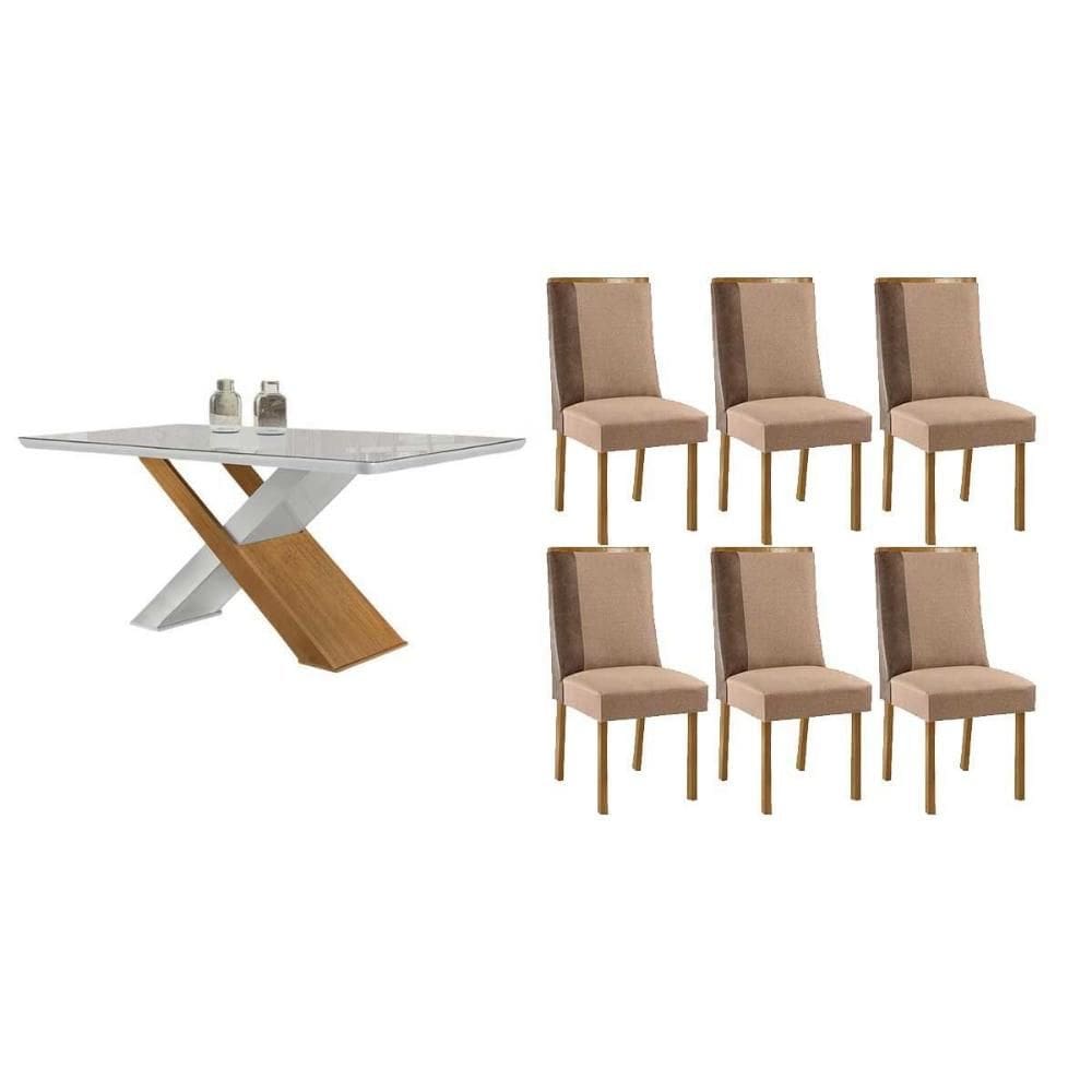 Sala de Jantar Completa Imperatriz c/ Tampo Madeirado c/ Vidro Canto Curvo 180X90cm e 6 Cadeiras Tilia Naturale/Off White - Linho Capuccino - Rufato