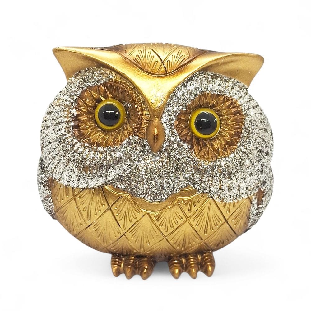 Enfeite Coruja da Sabedoria Resina Dourada com Brilho 10 cm