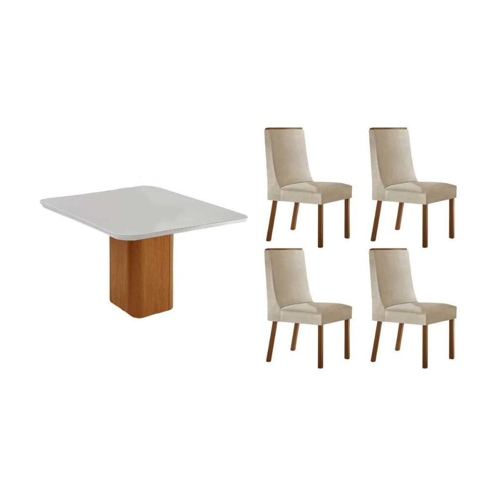 Sala de Jantar Completa Maldivas c/ Tampo Madeirado c/ Vidro Canto Curvo 90x90cm e 4 Cadeiras Dakota Naturale/Off White - Suede Creme - Rufato
