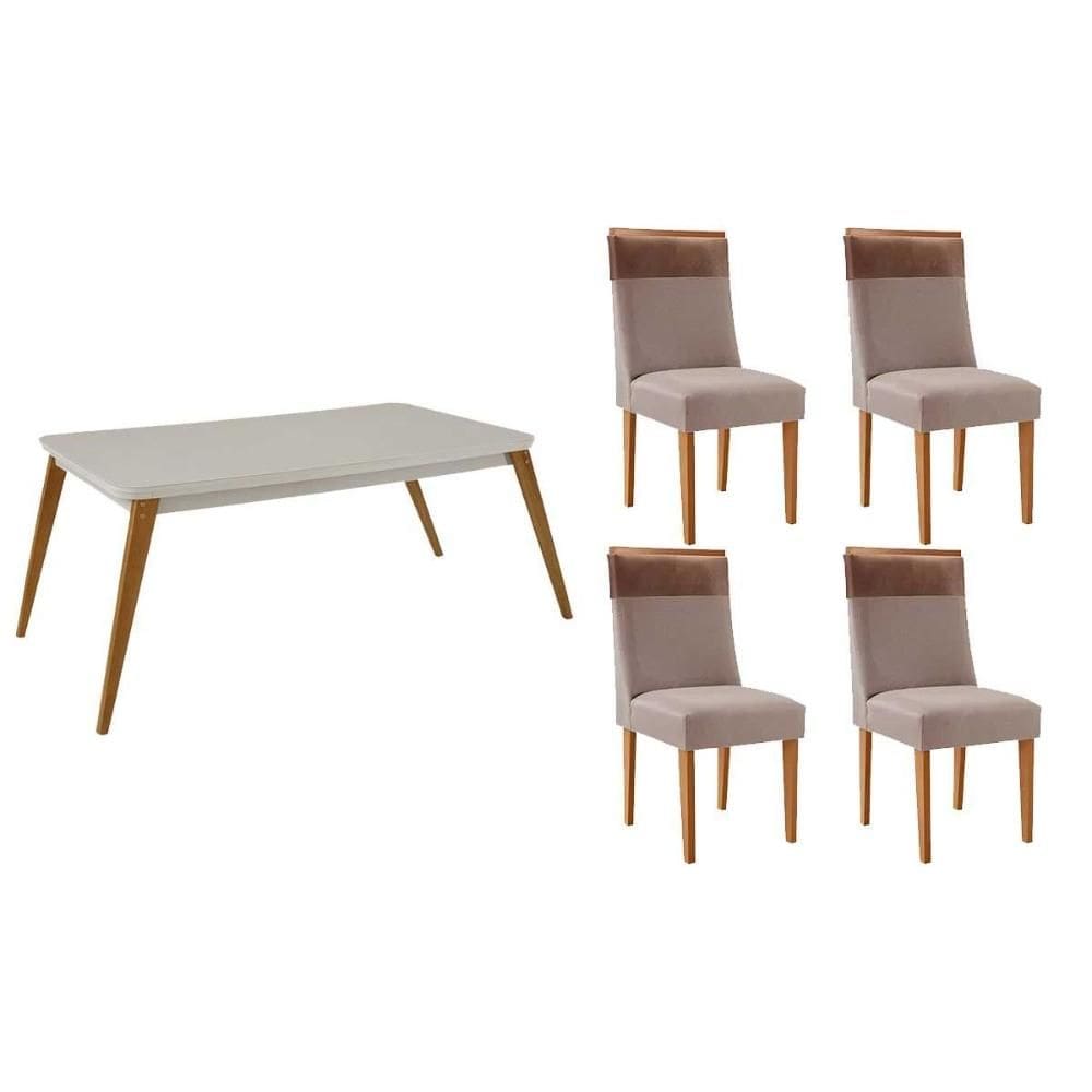 Sala de Jantar Completa Havana c/ Tampo Madeirado c/ Vidro Canto Curvo 120x80cm e 4 Cadeiras Jaspe Naturale/Off White - Linho Capuccino - Rufato