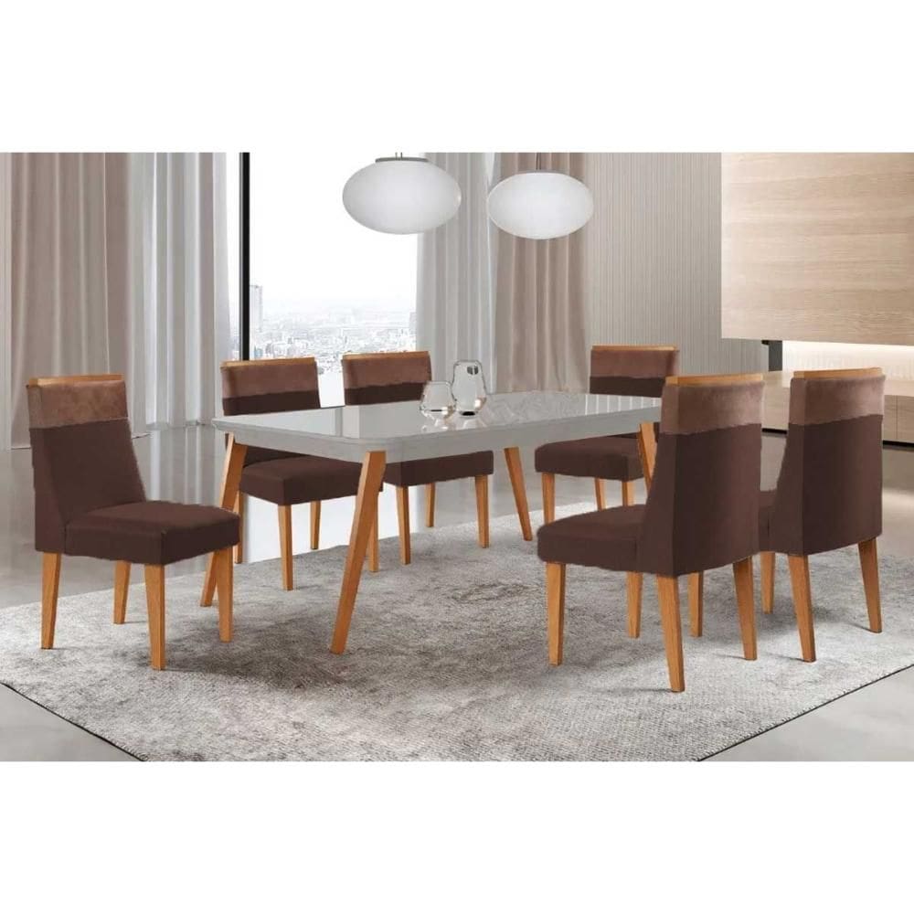 Sala de Jantar Completa Havana c/ Tampo Madeirado c/ Vidro Canto Curvo 180x90cm e 6 Cadeiras Jaspe Naturale/Off White - Suede Marrom - Rufato