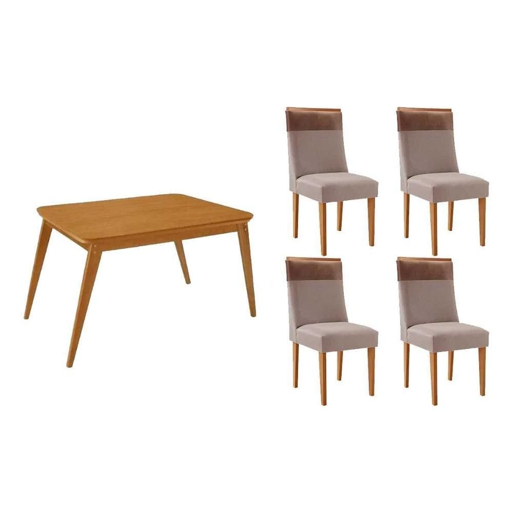 Sala de Jantar Completa Havana c/ Tampo Madeirado Canto Curvo 120x80cm e 4 Cadeiras Jaspe Naturale - Linho Capuccino - Rufato