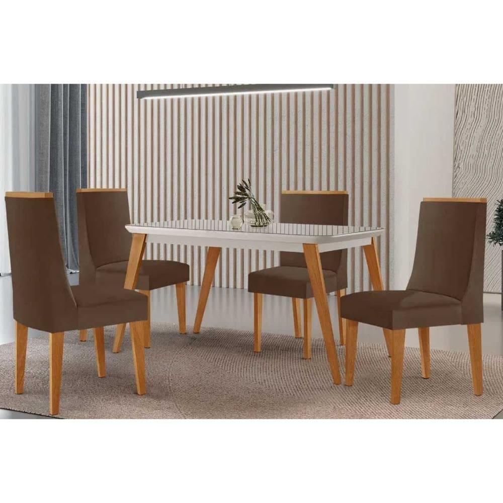 Conjunto Sala de Jantar Havana c/ Tampo Madeirado c/ Vidro Canto Curvo 120x80cm e 4 Cadeiras Dakota Madeira Maciça Naturale/Off White - Capuccino/Sued
