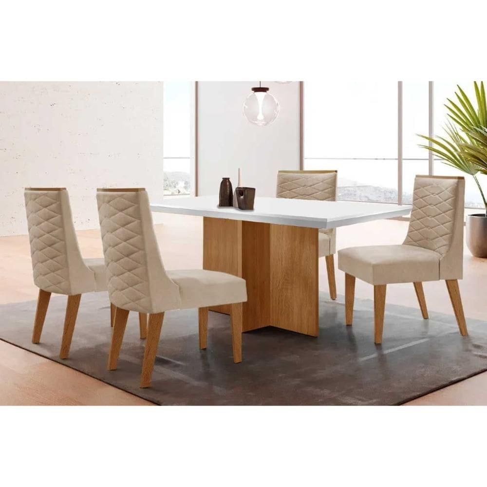 Sala de Jantar Completa Berlim c/ Tampo Madeirado c/ Vidro Canto Curvo 120x80cm e 4 Cadeiras Dafne Naturale/Off White - Suede Creme - Rufato