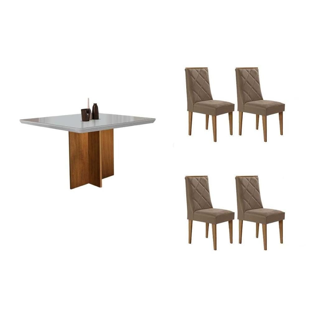 Sala de Jantar Completa Berlim c/ Tampo Madeirado c/ Vidro Canto Curvo 90x90cm e 4 Cadeiras Pietá Naturale/Off White - Corano Capuccino - Rufato