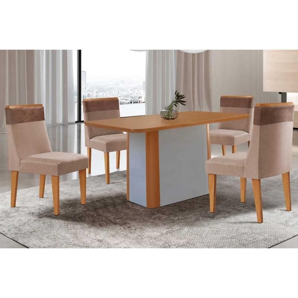 Sala de Jantar Completa Pietá c/ Tampo Madeirado Canto Curvo 120x80cm e 4 Cadeiras Jaspe Naturale/Off White - Suede Capuccino - Rufato