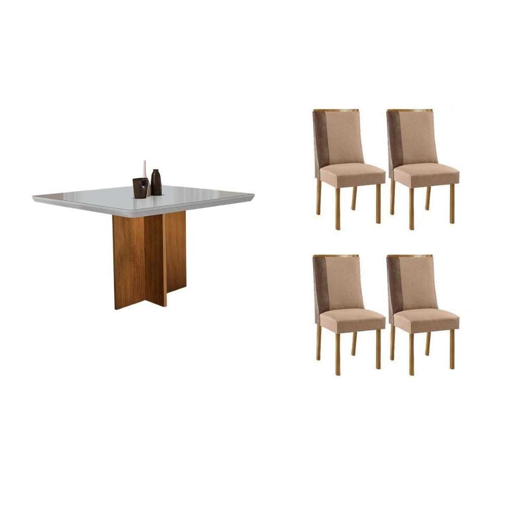 Sala de Jantar Completa Berlim c/ Tampo Madeirado c/ Vidro Canto Curvo 90x90cm e 4 Cadeiras Tilia Naturale/Off White - Linho Capuccino - Rufato