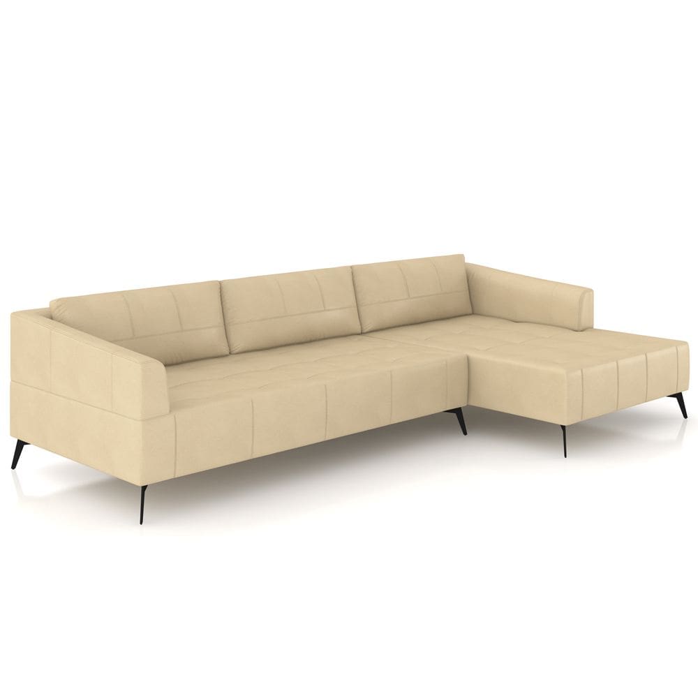 Sofá 3 Lugares com Chaise Para Sala Living 292cm Tolstoi P08 Couro Bege - Lyam Decor