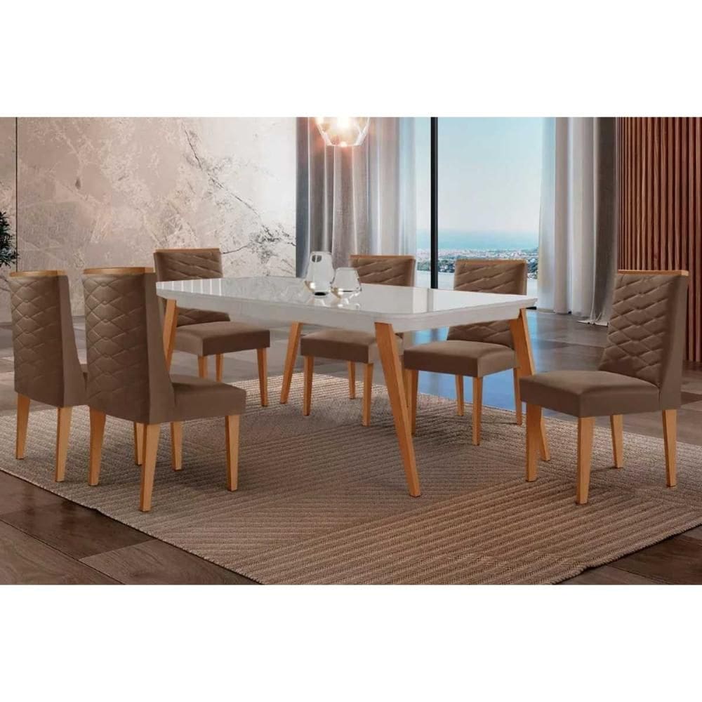 Sala de Jantar Completa Havana c/ Tampo Madeirado c/ Vidro Canto Curvo 180x90cm e 6 Cadeiras Dafne Naturale/Off White - Suede Marrom - Rufato