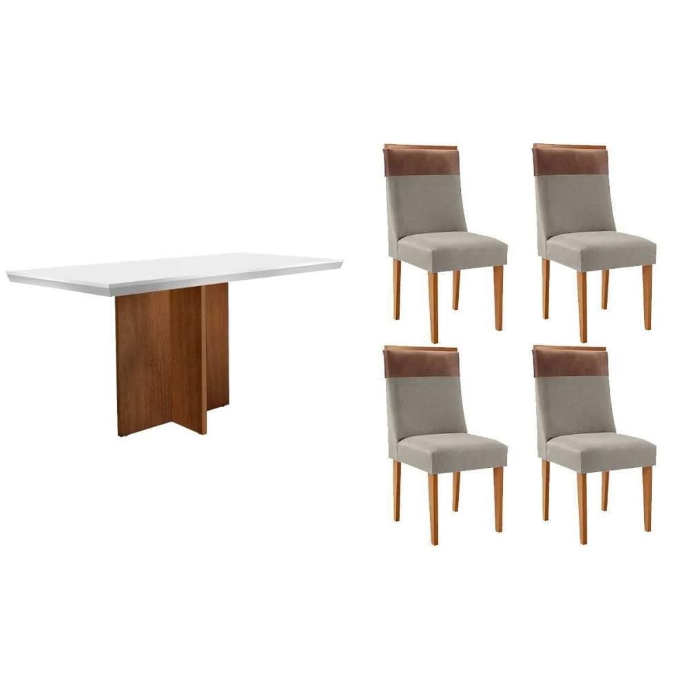 Sala de Jantar Completa Berlim c/ Tampo Madeirado c/ Vidro Canto Curvo 120x80cm e 4 Cadeiras Jaspe Naturale/Off White - Suede Capuccino - Rufato