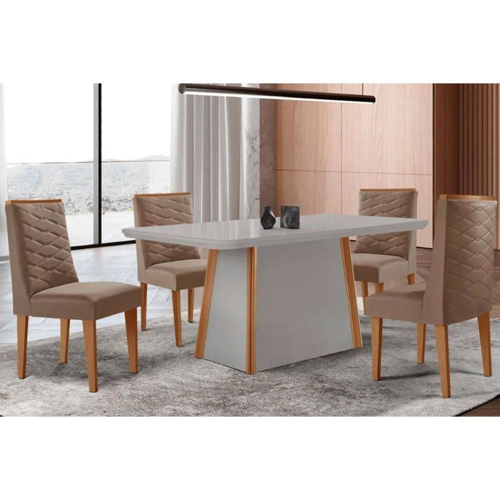 Sala de Jantar Completa Tilia c/ Tampo Madeirado c/ Vidro Canto Curvo 120x80cm e 4 Cadeiras Dafne Naturale/Off White - Suede Capuccino - Rufato