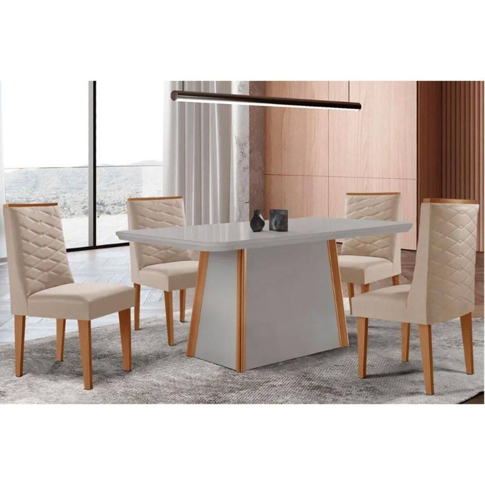 Sala de Jantar Completa Tilia c/ Tampo Madeirado c/ Vidro Canto Curvo 120x80cm e 4 Cadeiras Dafne Naturale/Off White - Suede Creme - Rufato