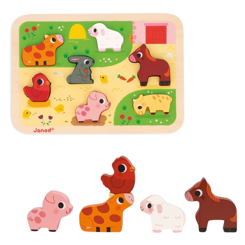 Encaixa Formas Infantil Quebra Cabeça 3D Animais Da Fazenda Brinquedo Educativo Em Madeira - Janod