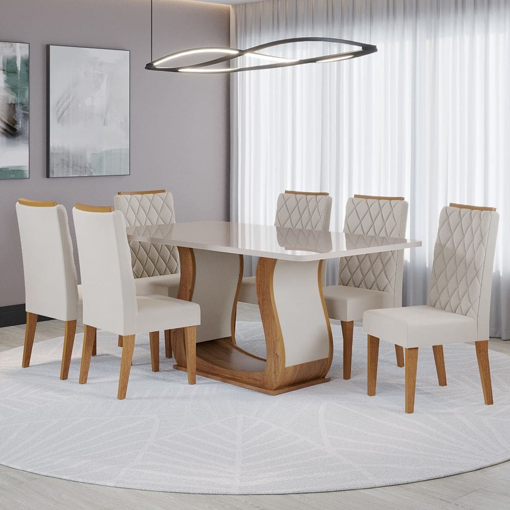 Conjunto Sala de Jantar Serenata Mesa 160x80cm e 6 Cadeiras Iza Cobre/Off White/Bege- Casa Giulia