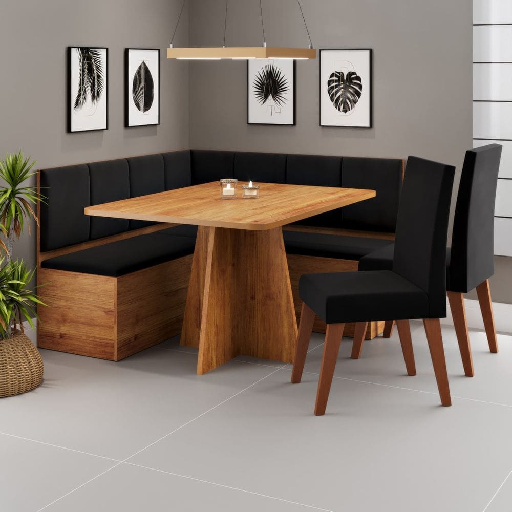 Conjunto Canto Alemão Baú Prestigio com Mesa 120x80cm e 2 cadeiras Milao Cobre Veludo Preto - Casa Giulia