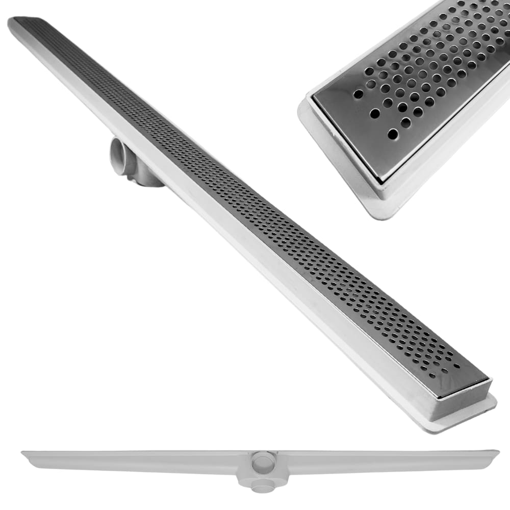 Ralo Linear Inox Polido 60cm x 5cm Perfurado Bolinha com Coletor Branco Saídas 40mm com Tela (5cm x 61cm)