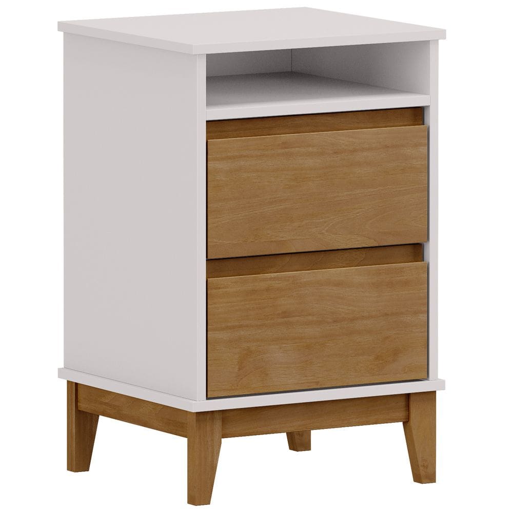 Mesa de Cabeceira 2 Gavetas Pés Retrô Madeira Maciça Cintra F06 Off White Freijó - Lyam Decor