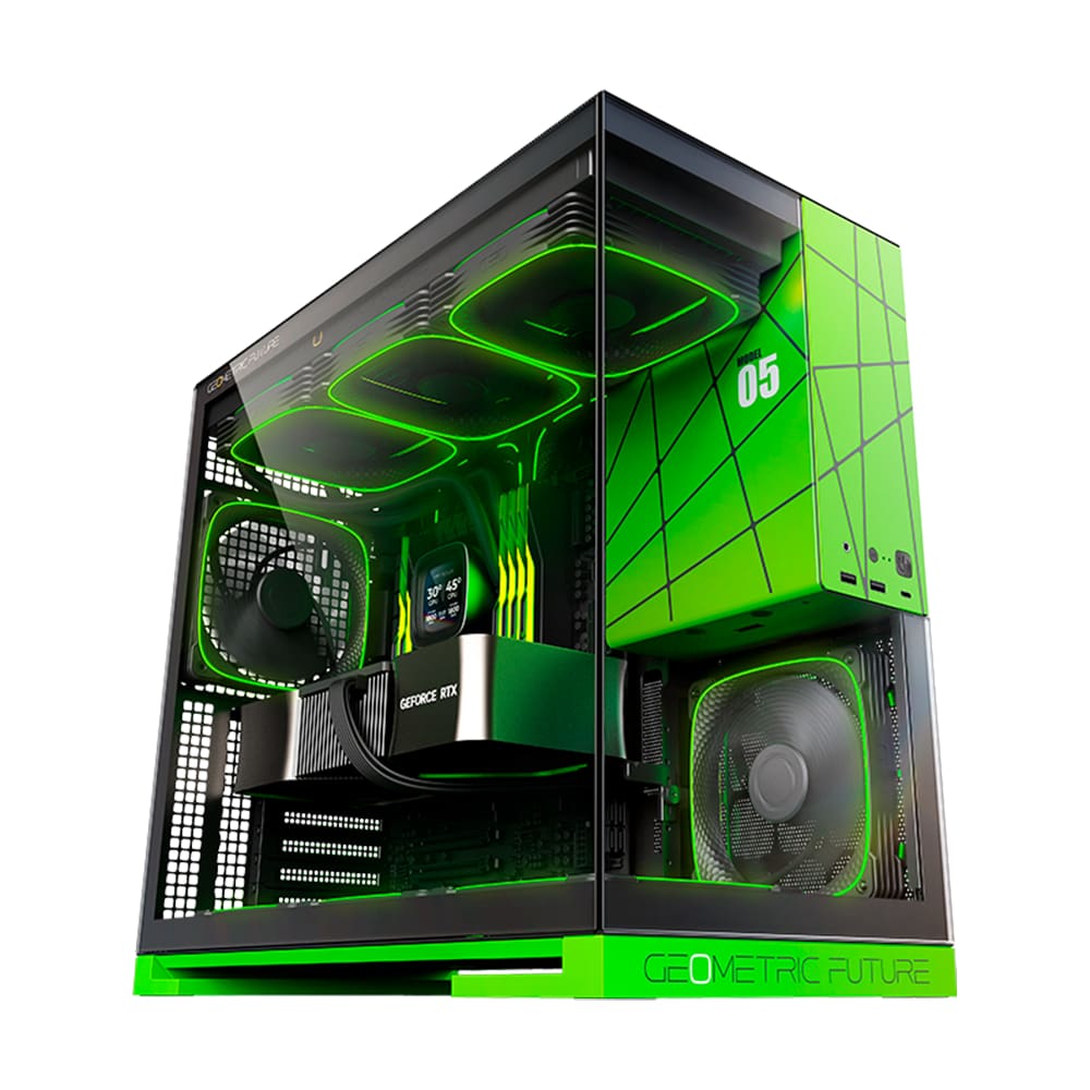 Gabinete Gamer Geometric Future Model 5 Preto e Verde Nvidia Style Edição Limitada 5 Fans