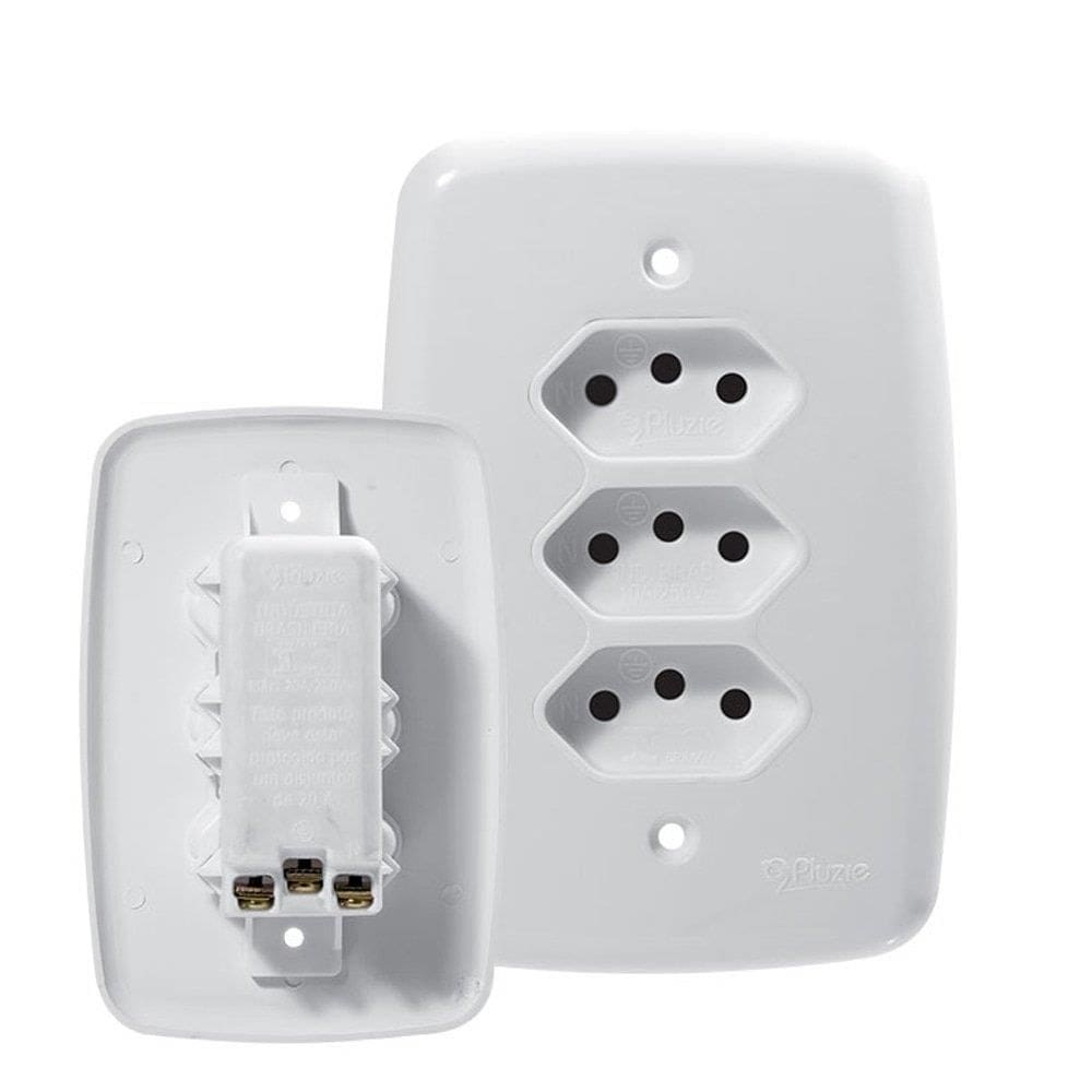 Tomada Ideale Pluzie Linha Facil Tripla 2P+T 10A Com Placa 4X2 Branca