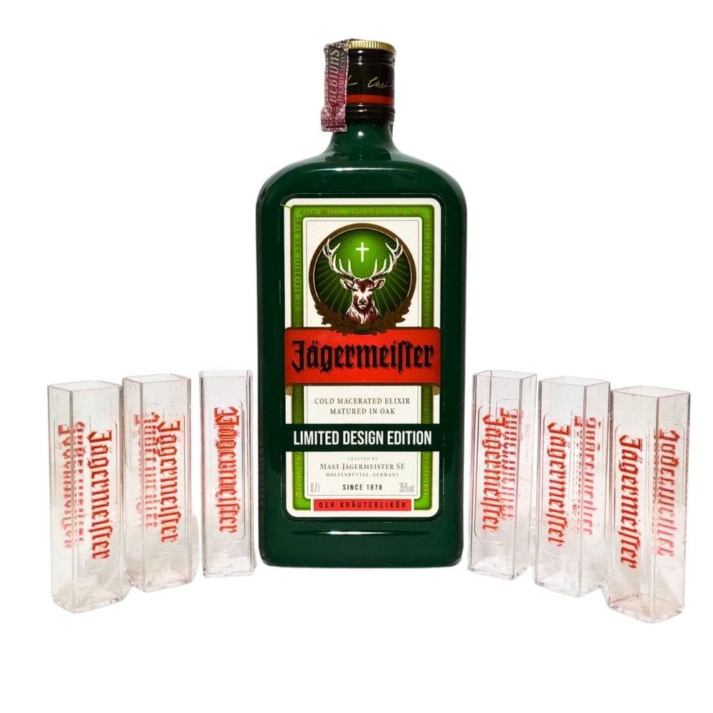 Kit Jagermeister Limited Edition Herbal Green Design 700ml  + 6 Copos Tubos de Acrílico